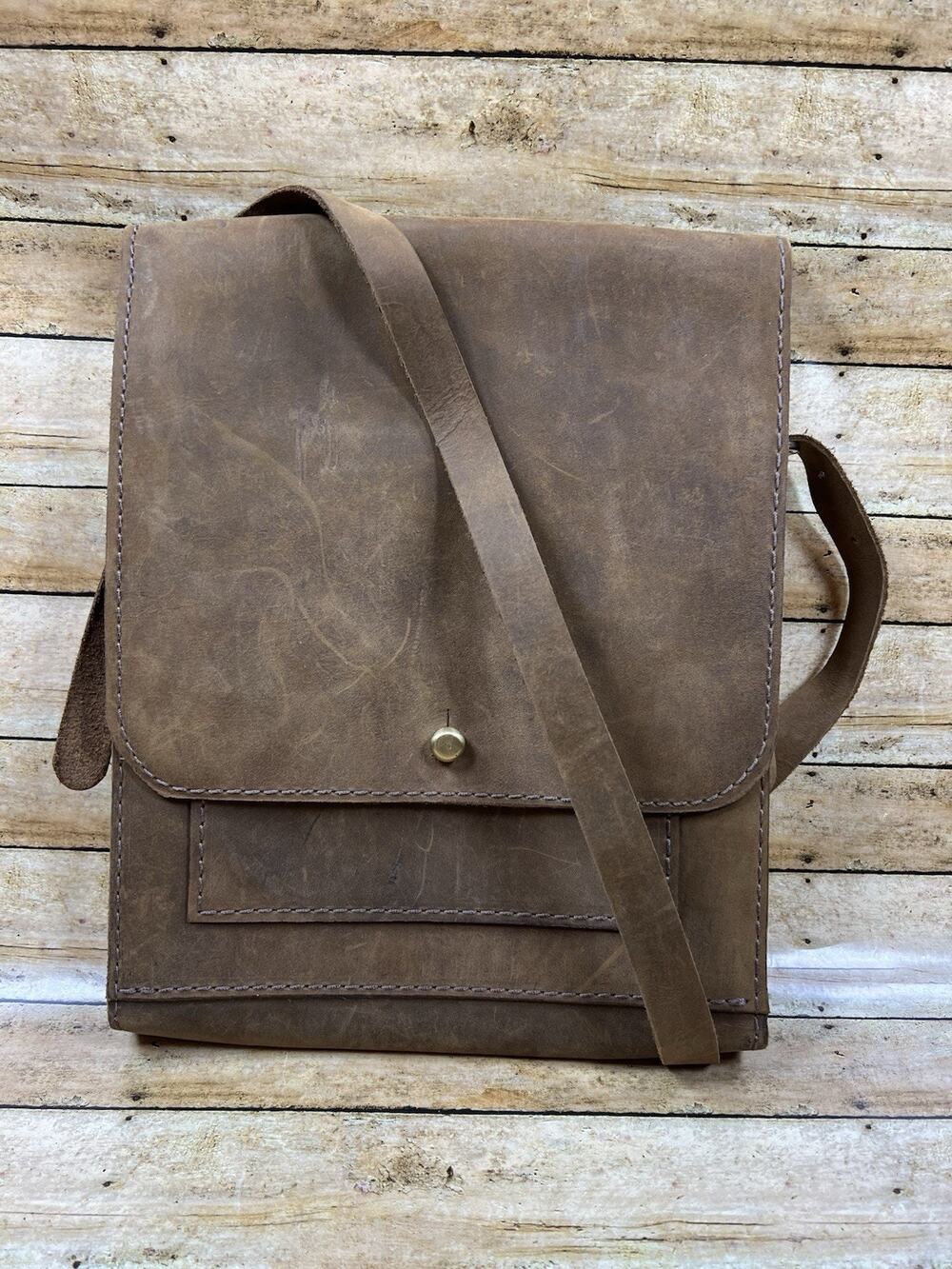 Margaret Vera Brown Distressed Leather Vertical Messenger Crossbody Bag Artisan
